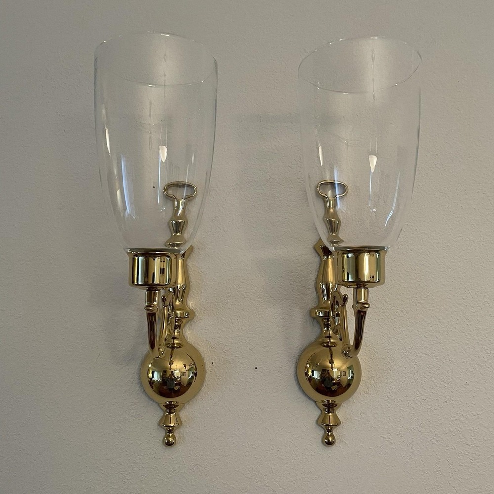Vintage Pair Of Solid Brass Hurricane Wall Sconces with Clear Glass Shades